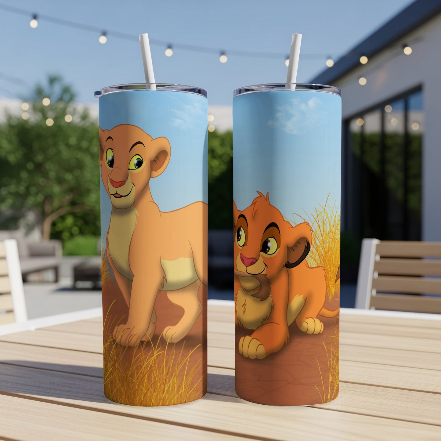 Two tumblers with Simba and Nala from The Lion King.