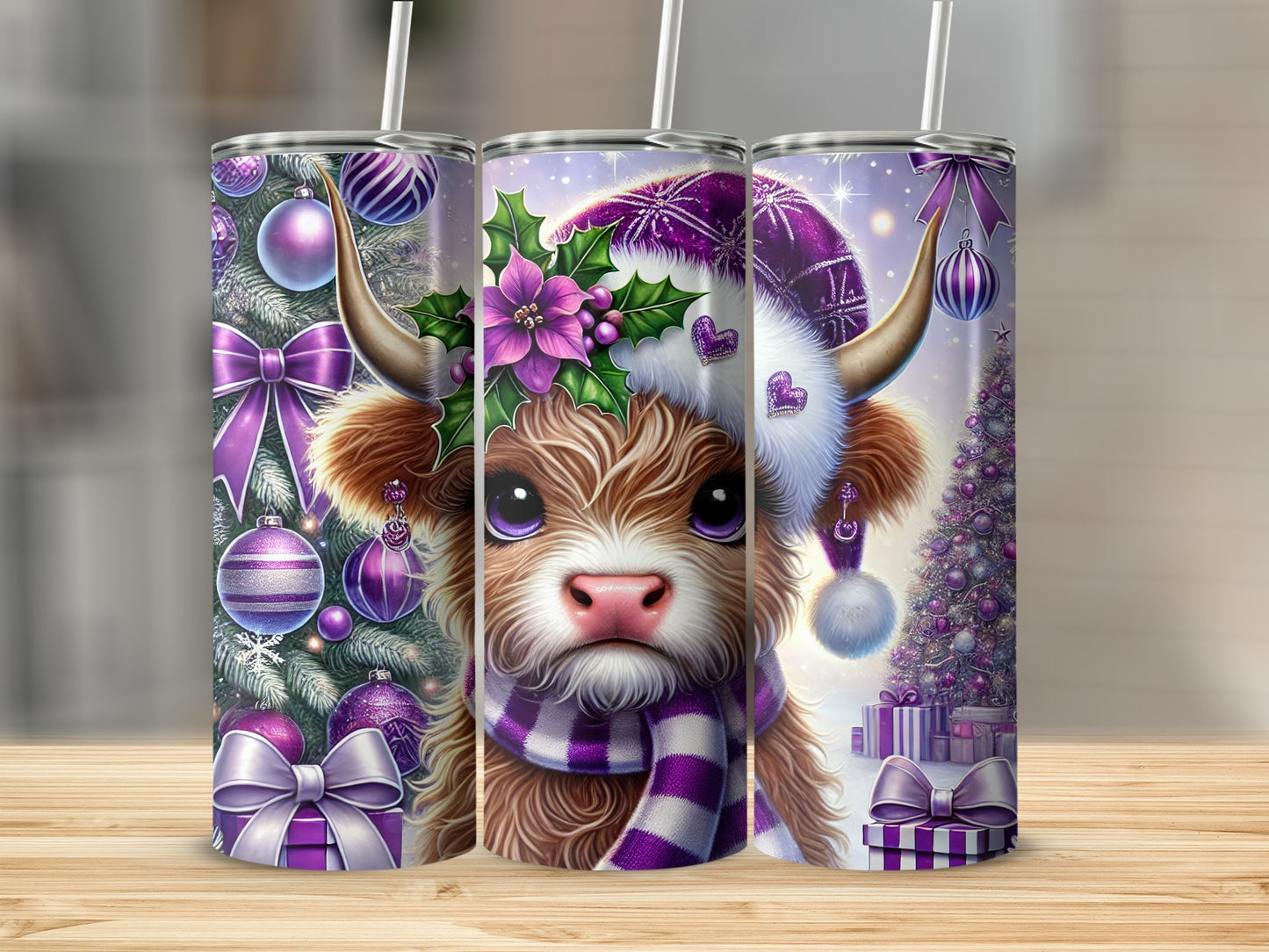 Christmas cow wearing Santa hat and scarf, surrounded by festive decor.