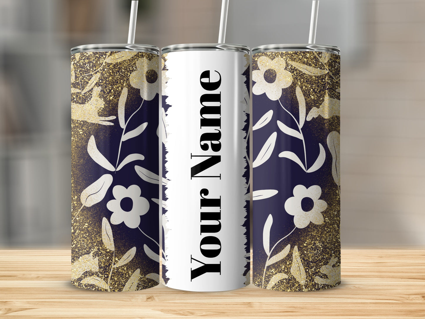 Customizable Floral and Glitter Design Tumbler Cup