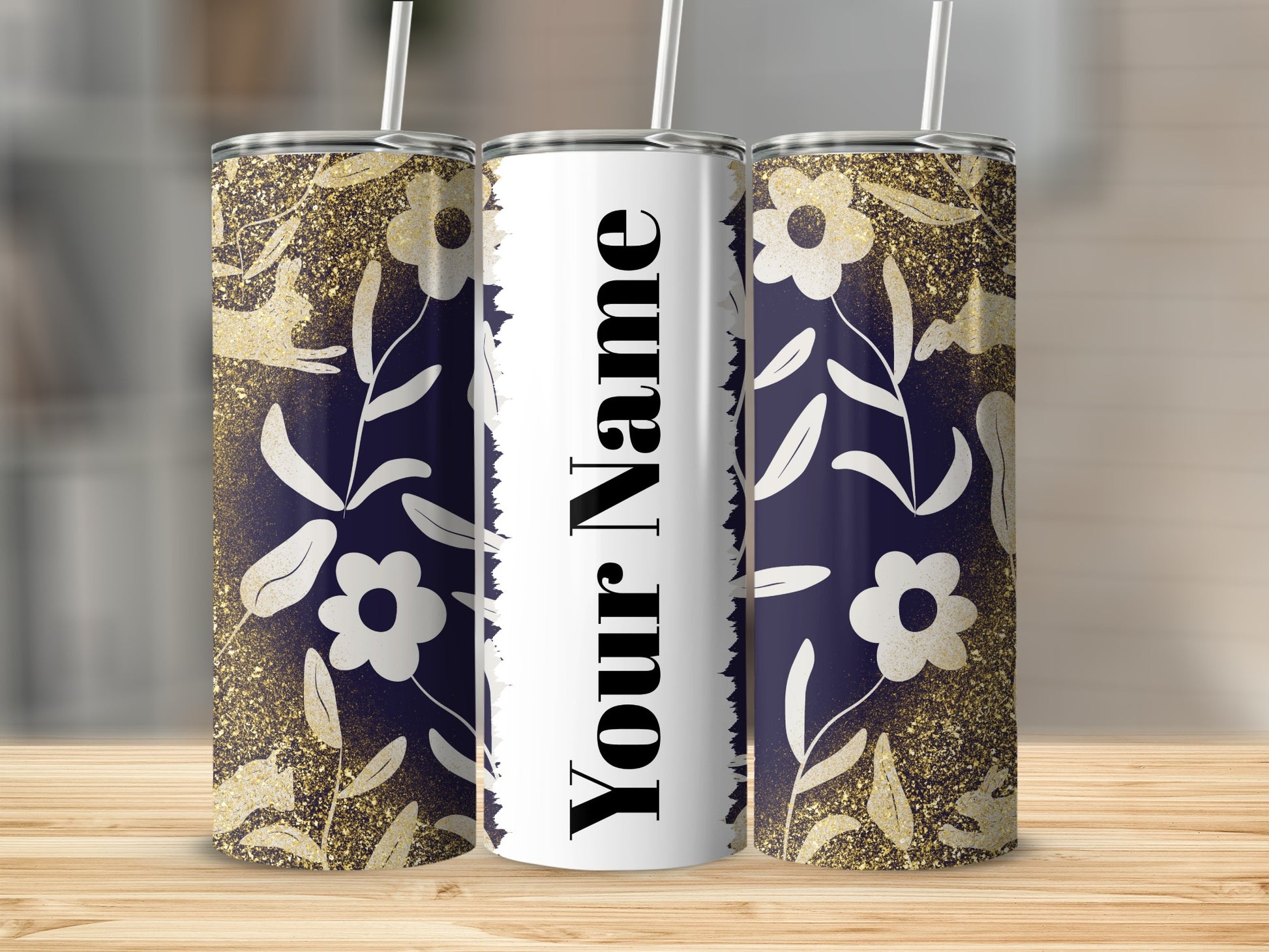 Customizable Floral and Glitter Design Tumbler Cup