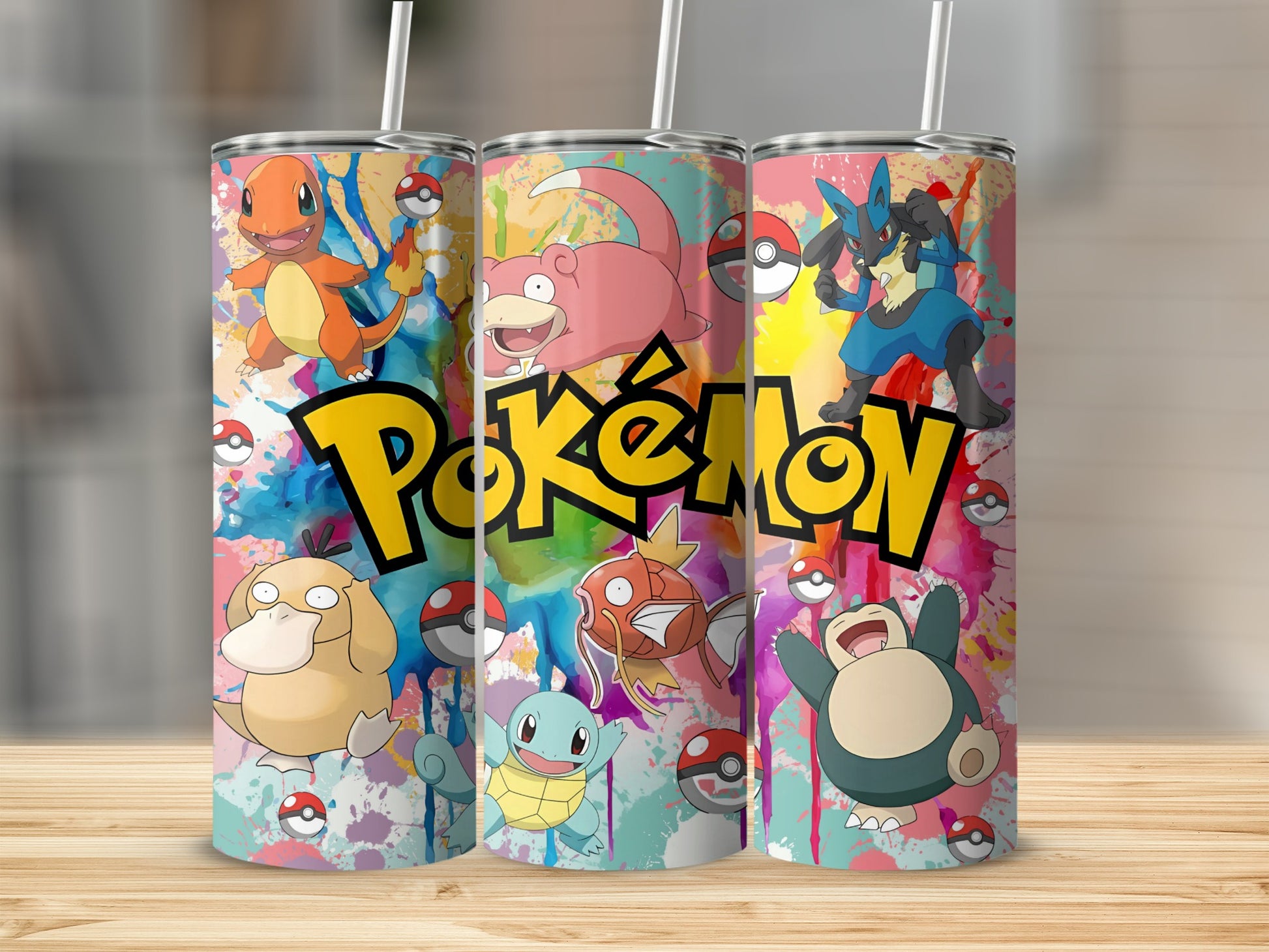 Colorful Pokémon Characters and Logo Tumblers