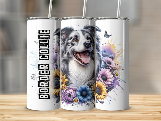 Border Collie portrait with flowers and butterflies on a white tumbler.