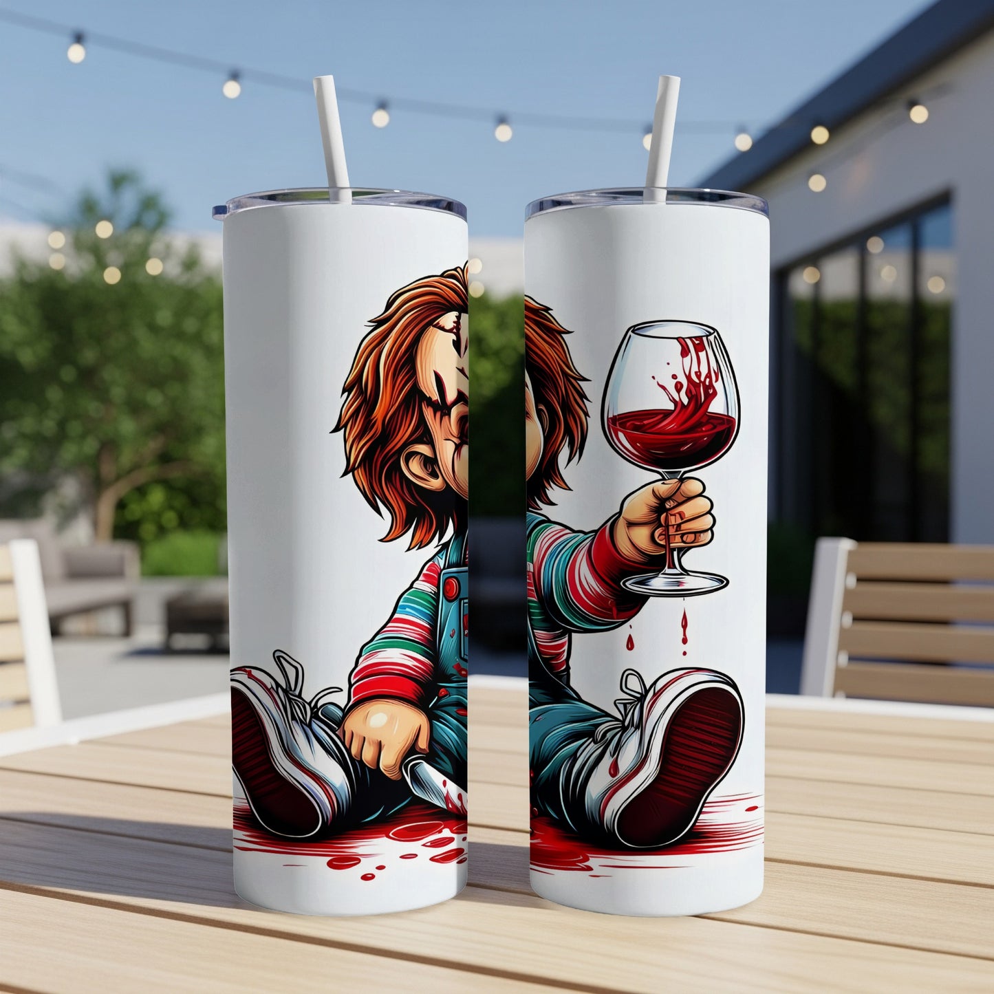 Two tumblers with Chucky holding a wine glass and a knife, surrounded by blood.