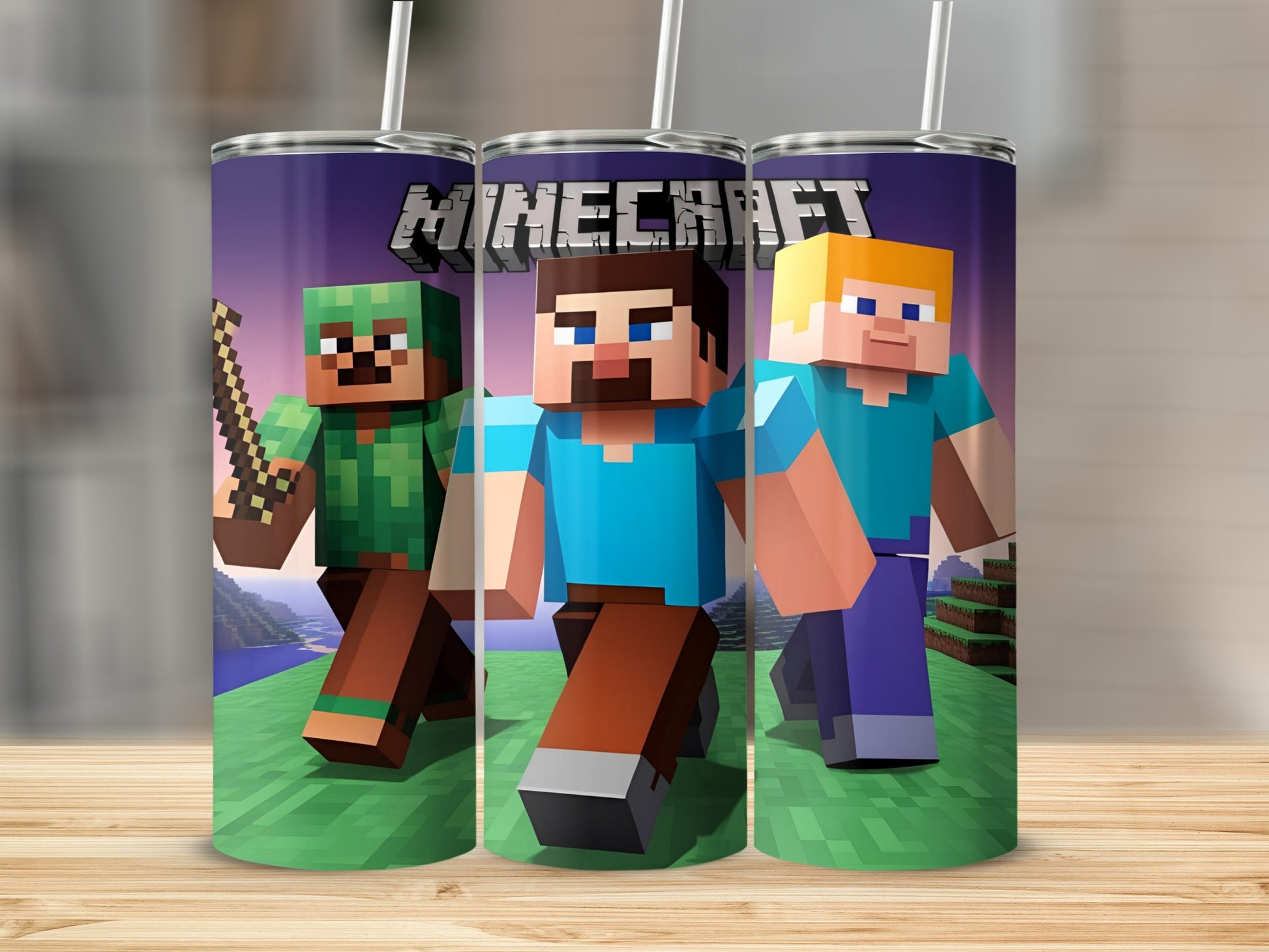 Minecraft characters Steve, Alex, and a green-armored character on a tumbler.