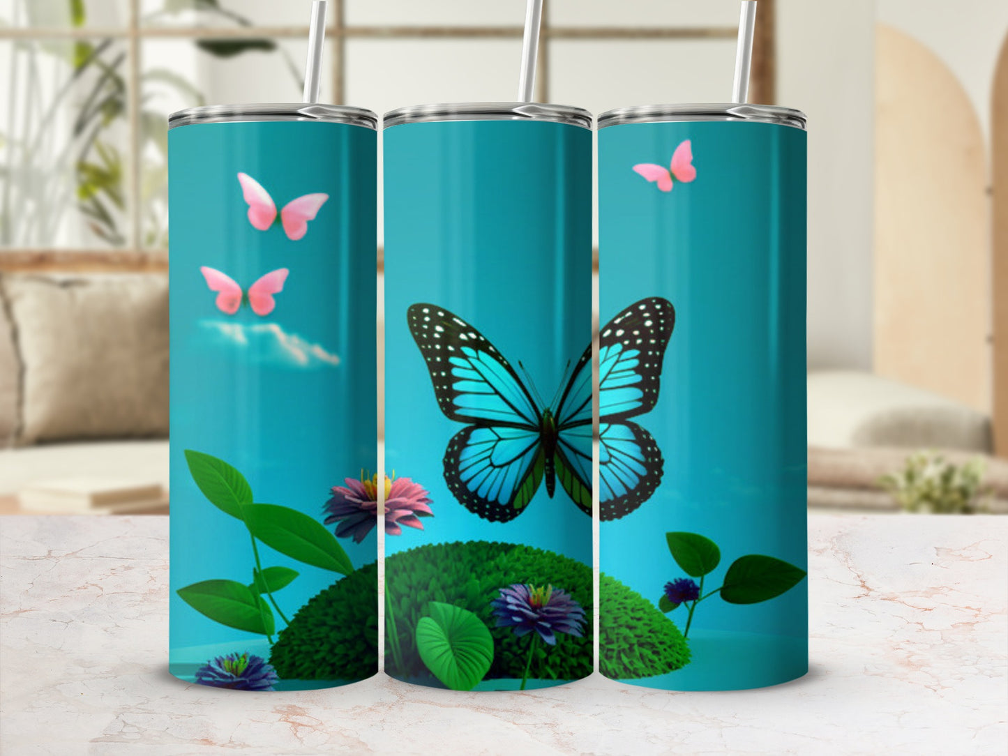 Turquoise tumbler with blue butterfly, pink butterflies, and purple flowers.