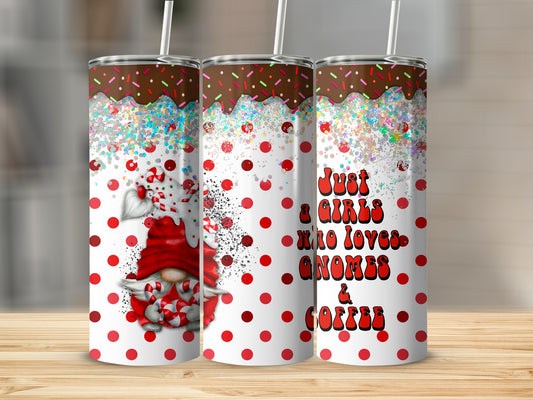 Three tumblers with polka dots, glitter, and a gnome design.
