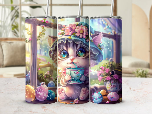 Cute cat in a hat drinking from a teacup, surrounded by Easter eggs.