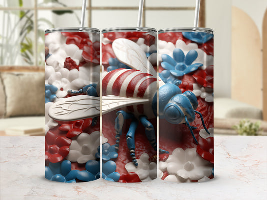 Bee with red, white, and blue stripes on floral background, tumbler design.