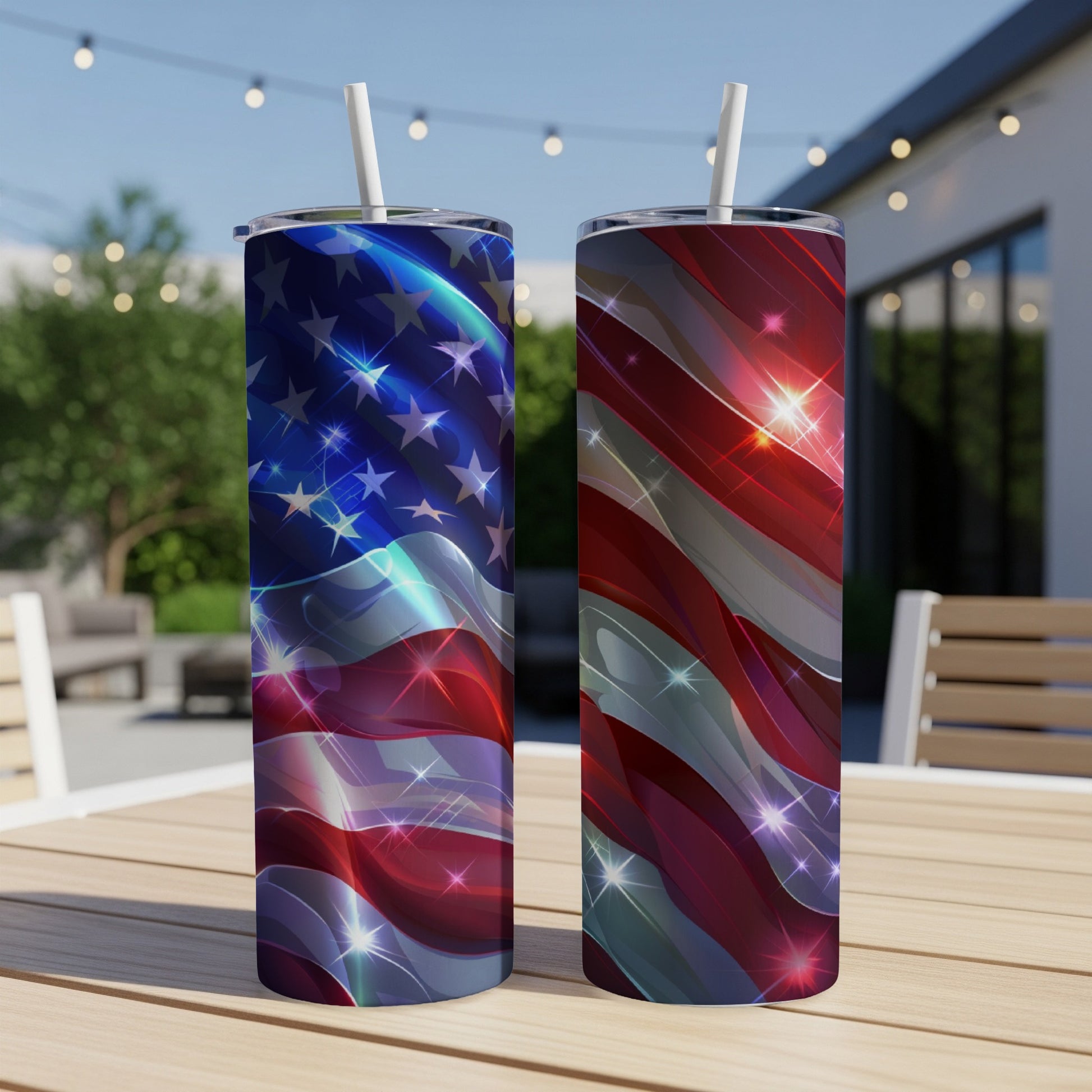 Two tumblers with USA flag design on a patio table.