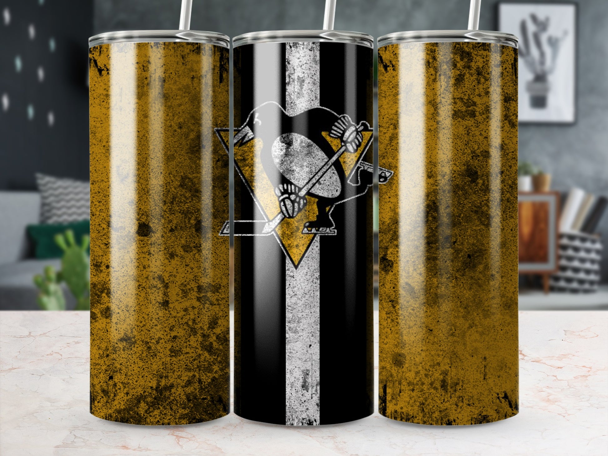 Grungy Yellow and Black Steel Design Tumbler