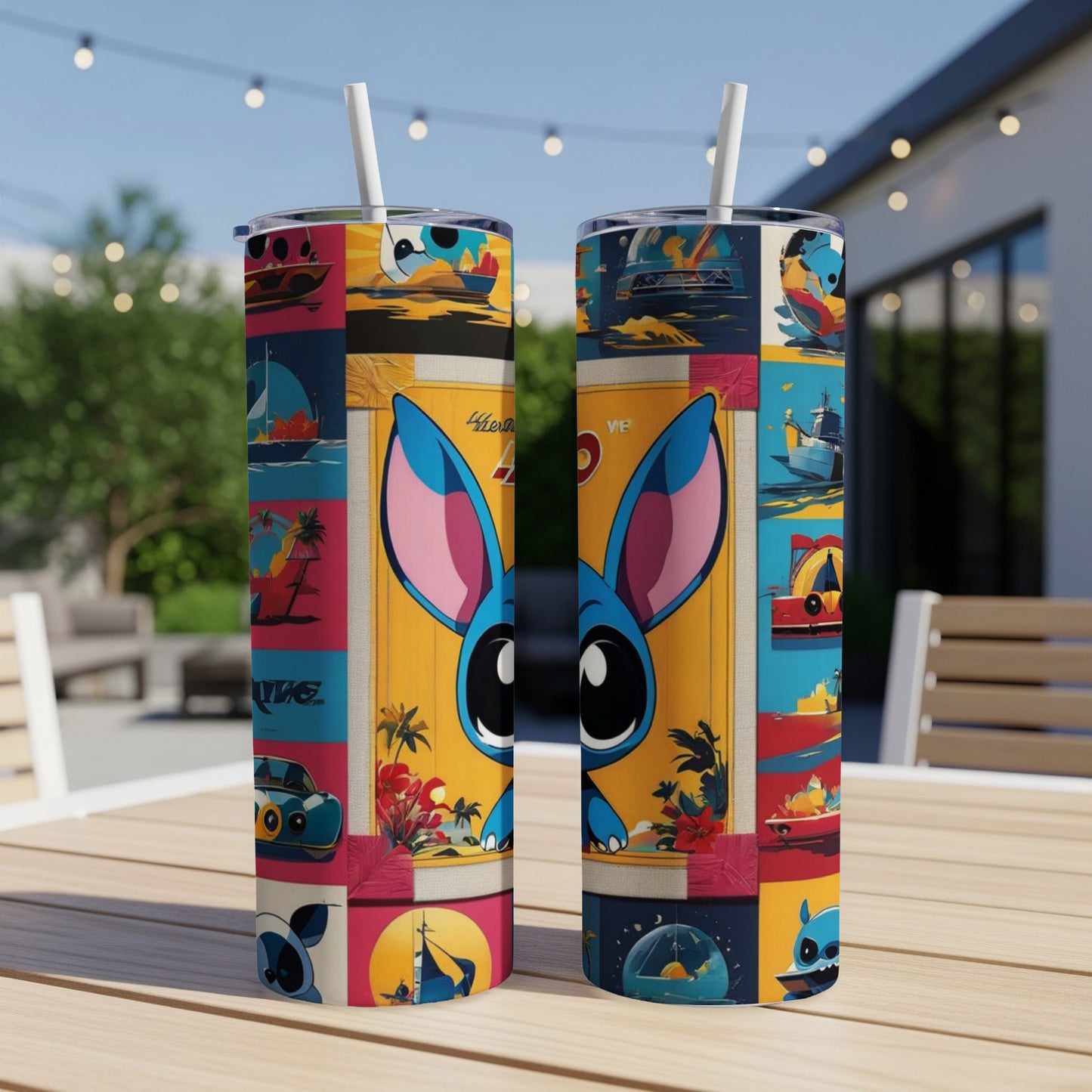 Two tumblers with Stitch and vibrant, colorful collage graphics.