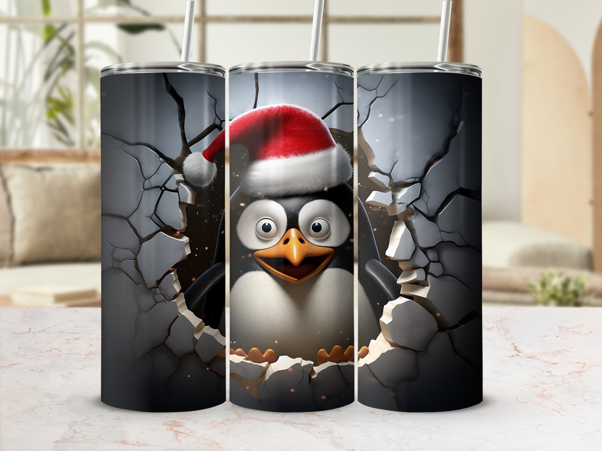 Penguin in Santa hat breaking through cracked black background.