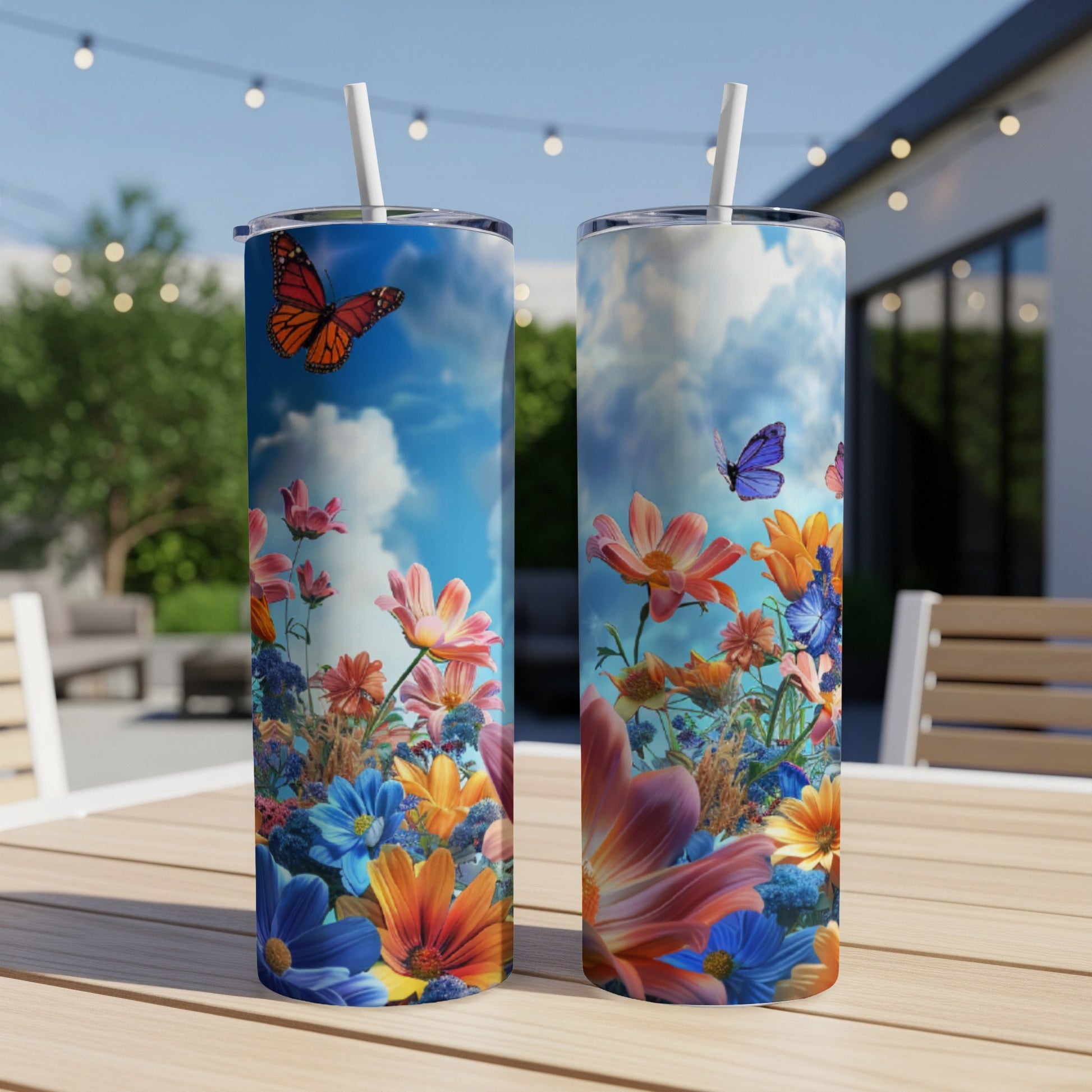 Two tumblers decorated with a colorful floral and butterfly design on an outdoor table.