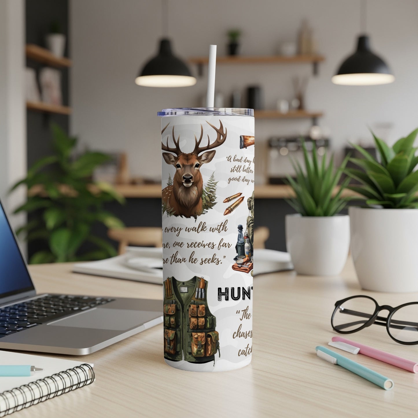 Hunting tumbler with deer, camouflage vest, and inspirational quote.
