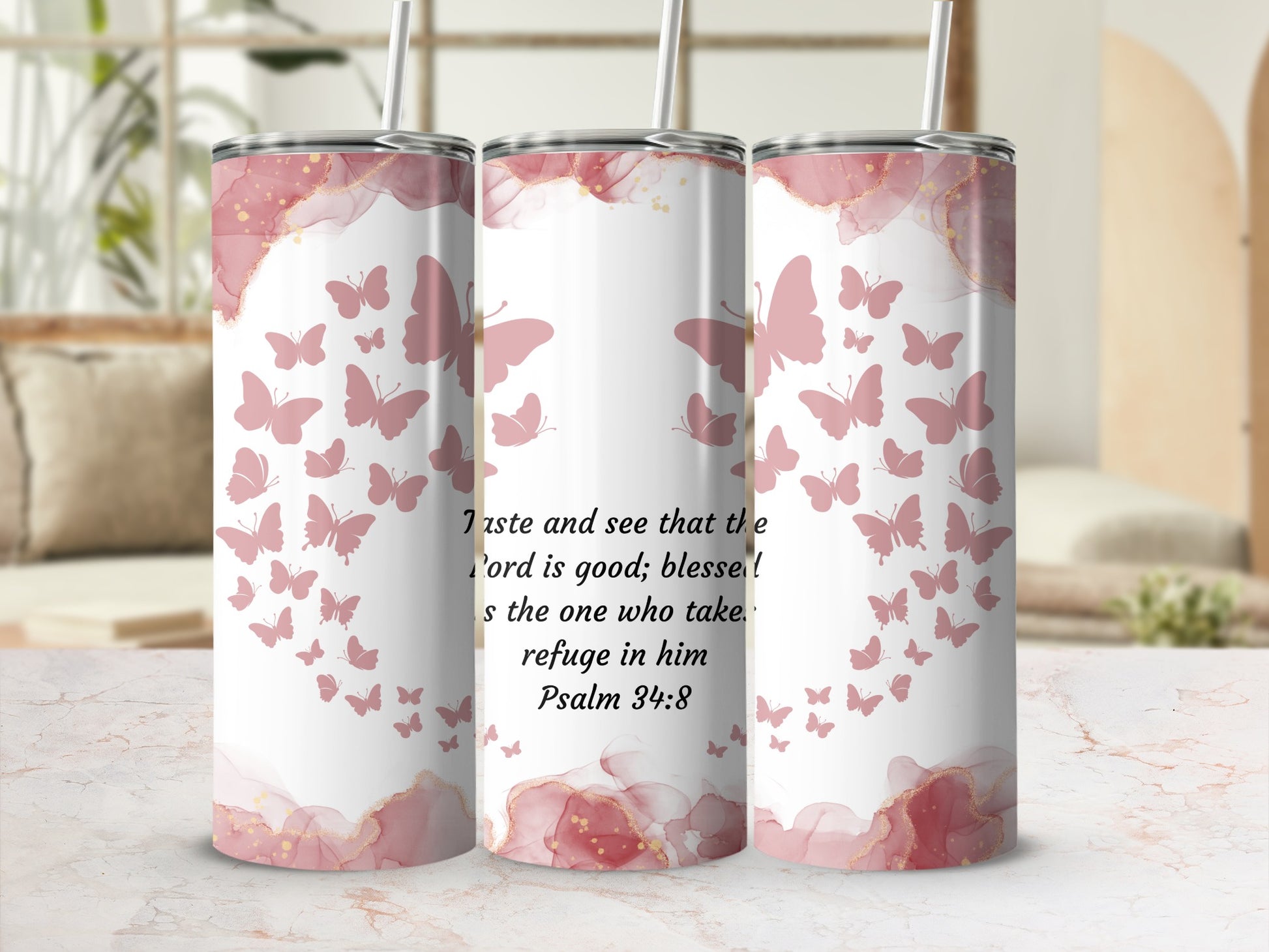 Pink Butterfly Scripture Insulated Tumbler Cup