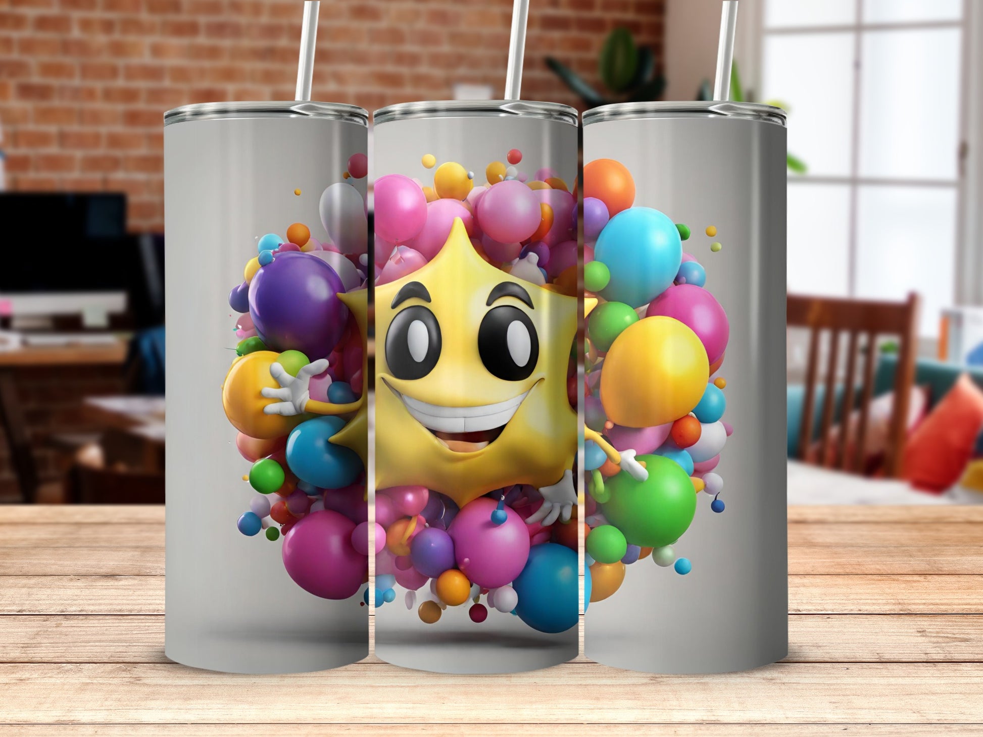 Cute Smiling Star Surrounded by Colorful Balloons Tumbler
