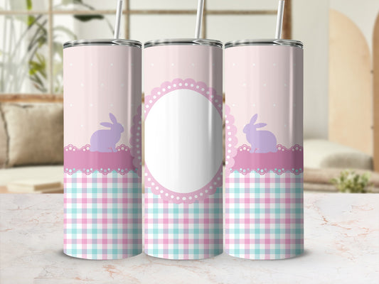 Pink and purple plaid tumbler with bunny, scalloped oval, and pastel dots.