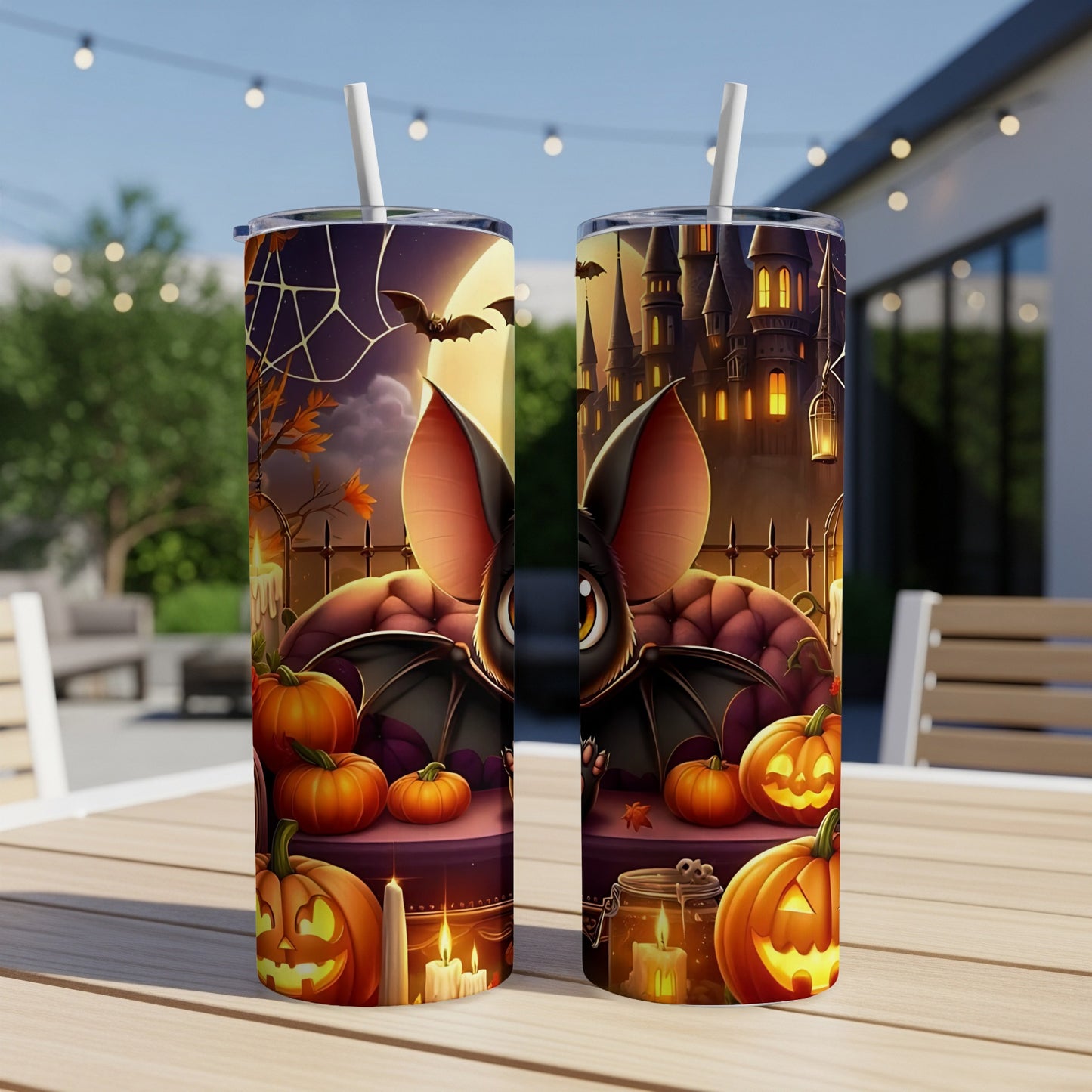 Halloween tumblers with cartoon bat, pumpkins, candle, and castle designs.
