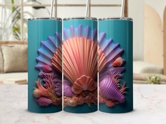 Seashell and coral graphic on three teal tumblers.