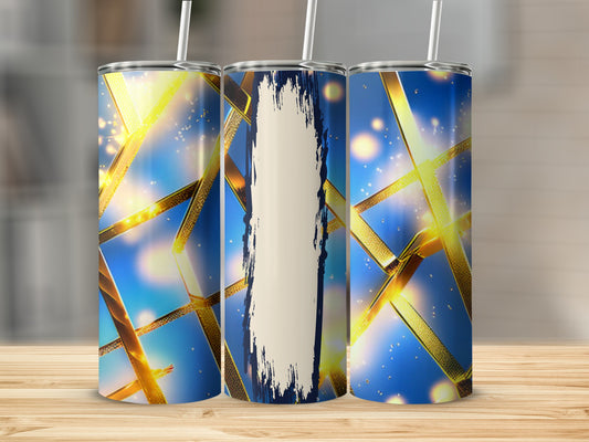 Three tumblers with blue and gold ribbon pattern and textured brush stroke.