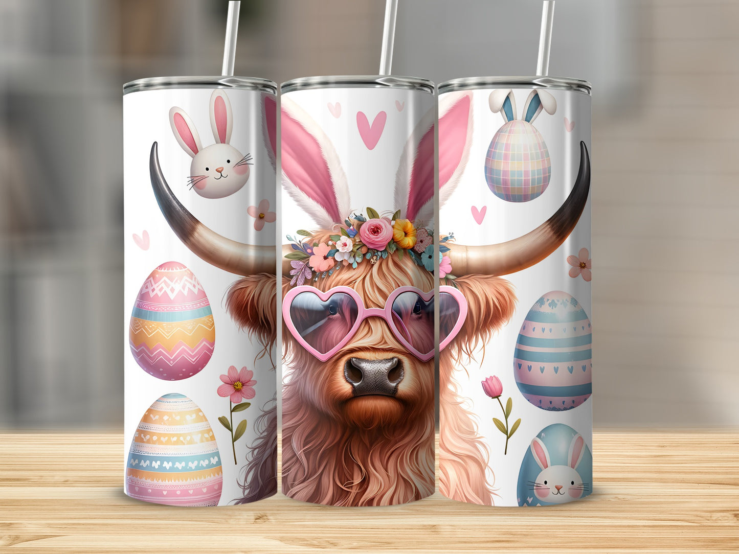 Highland cow with bunny ears and Easter eggs, surrounded by flowers.