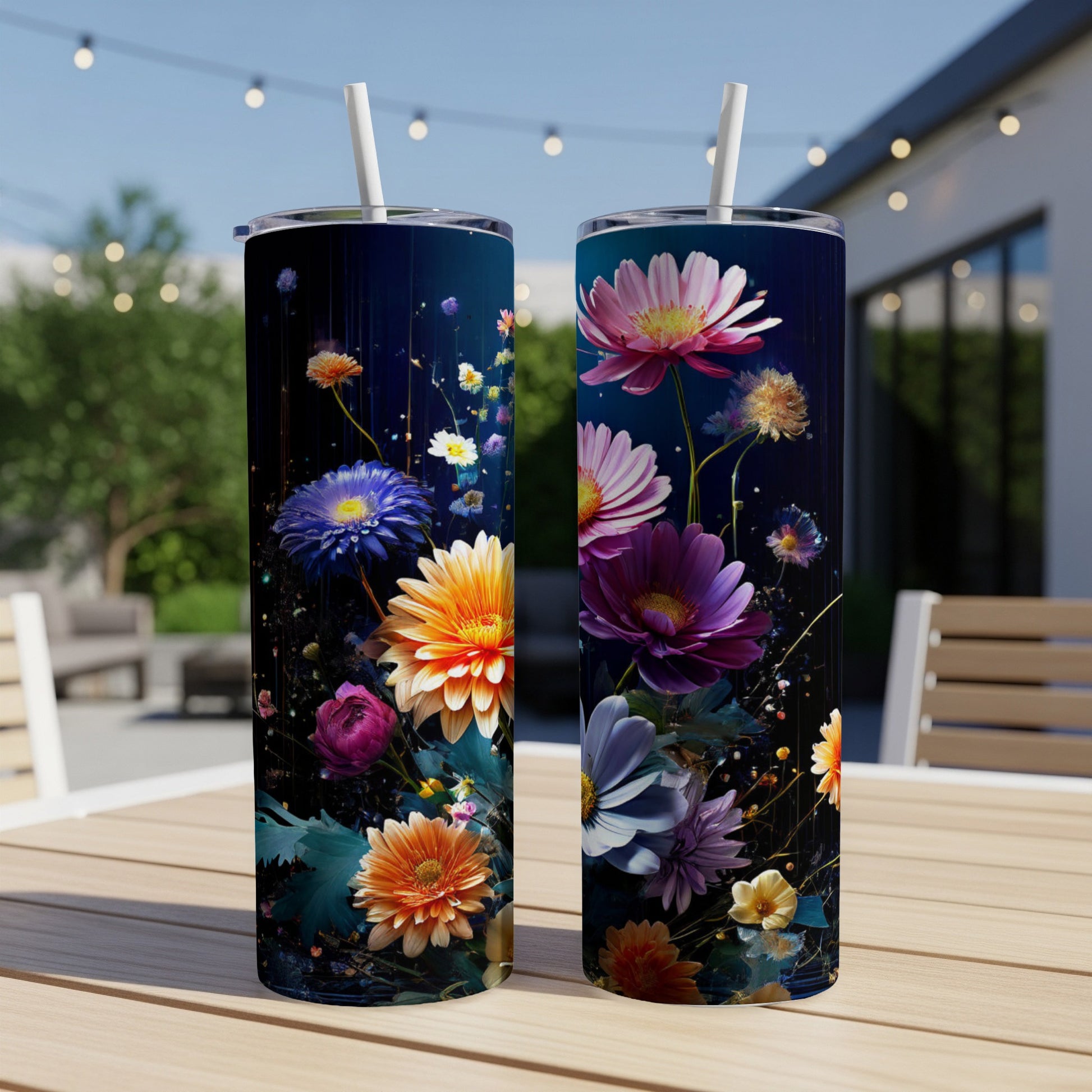 Two tall tumblers with vibrant floral designs on a table.