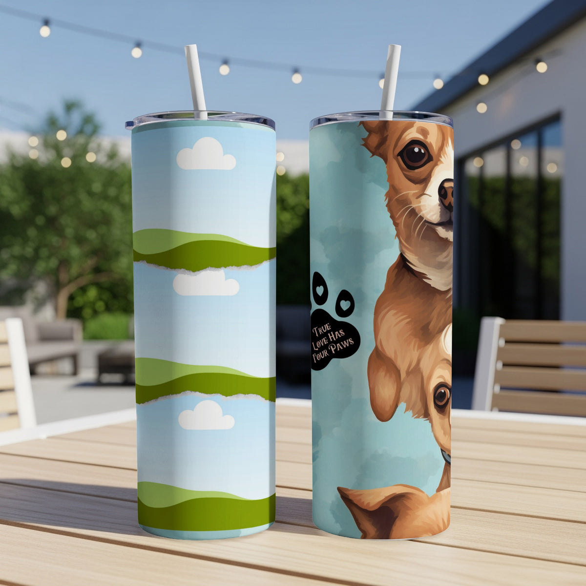 Two tumblers on a table, one with clouds and hills, the other with a chihuahua and paw print.