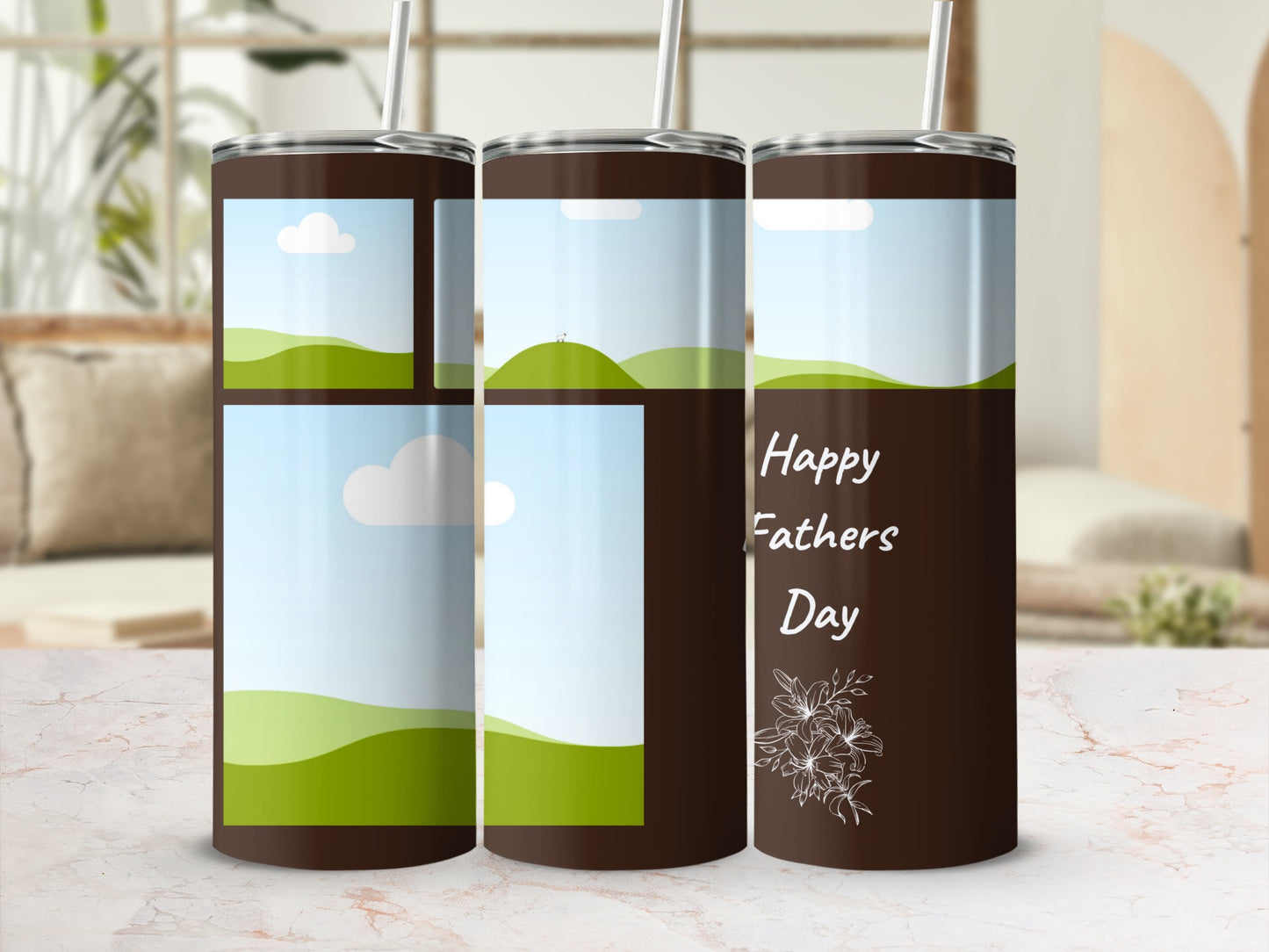 Brown tumbler with "Happy Fathers Day" text and floral design.