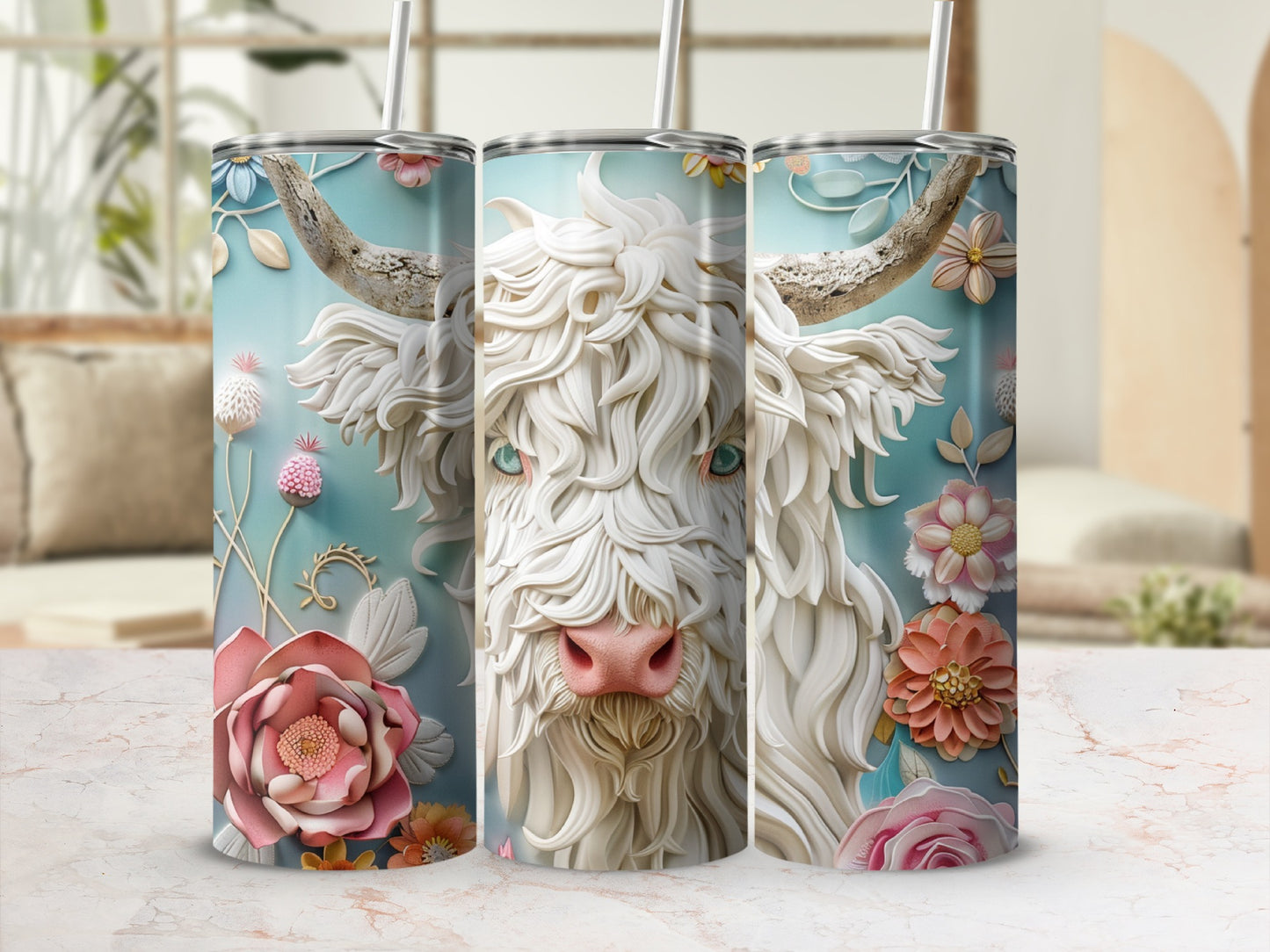 Highland cow tumbler with floral accents and straw.