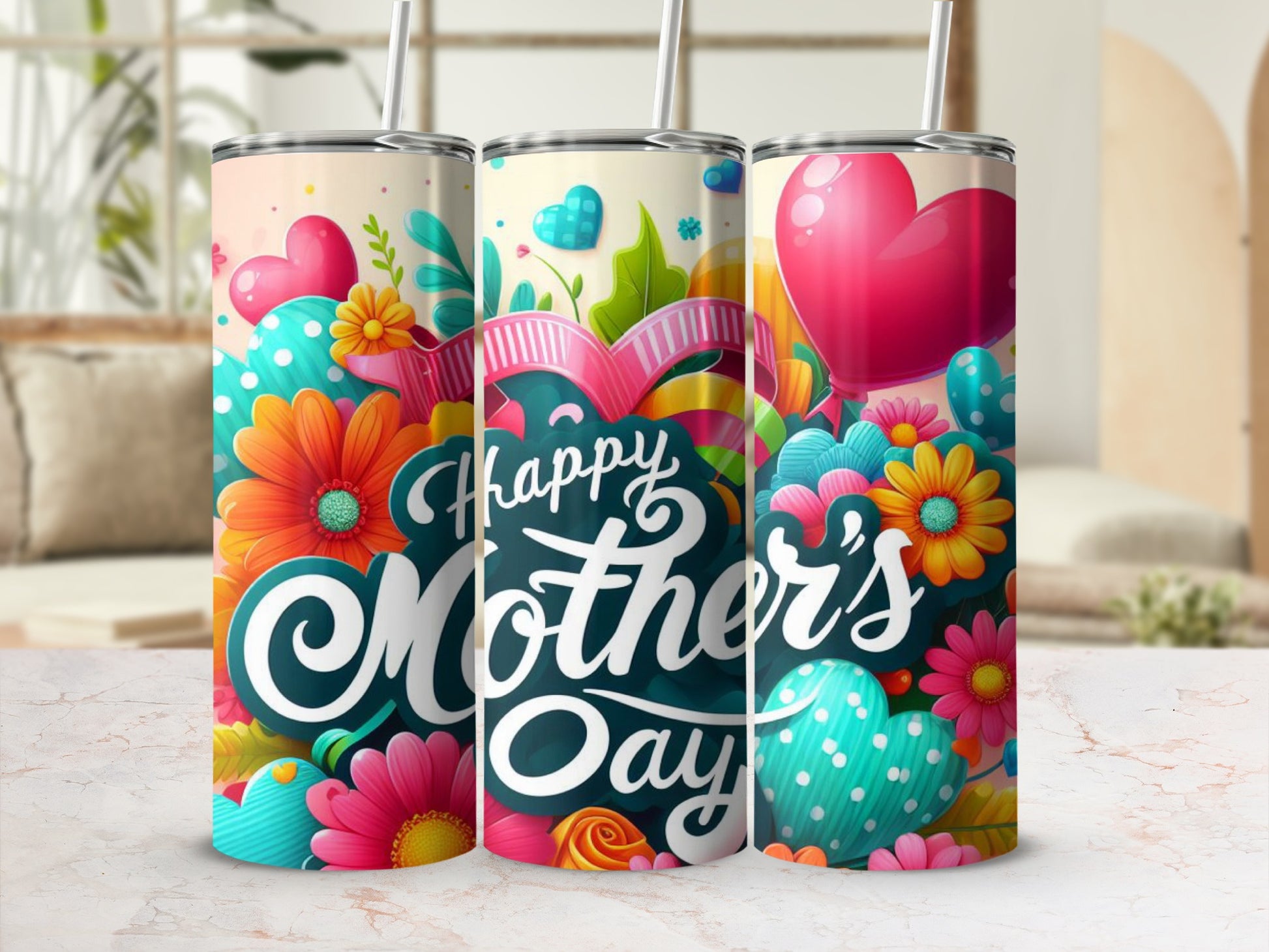 Happy Mother's Day Colorful Floral Tumbler with Straw