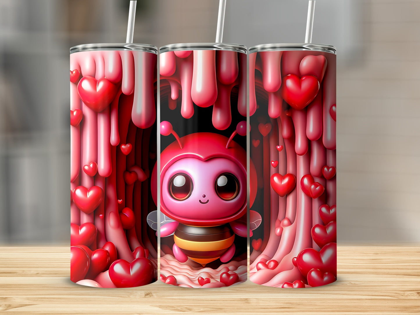 Cute cartoon bee with hearts, displayed on a tumbler.