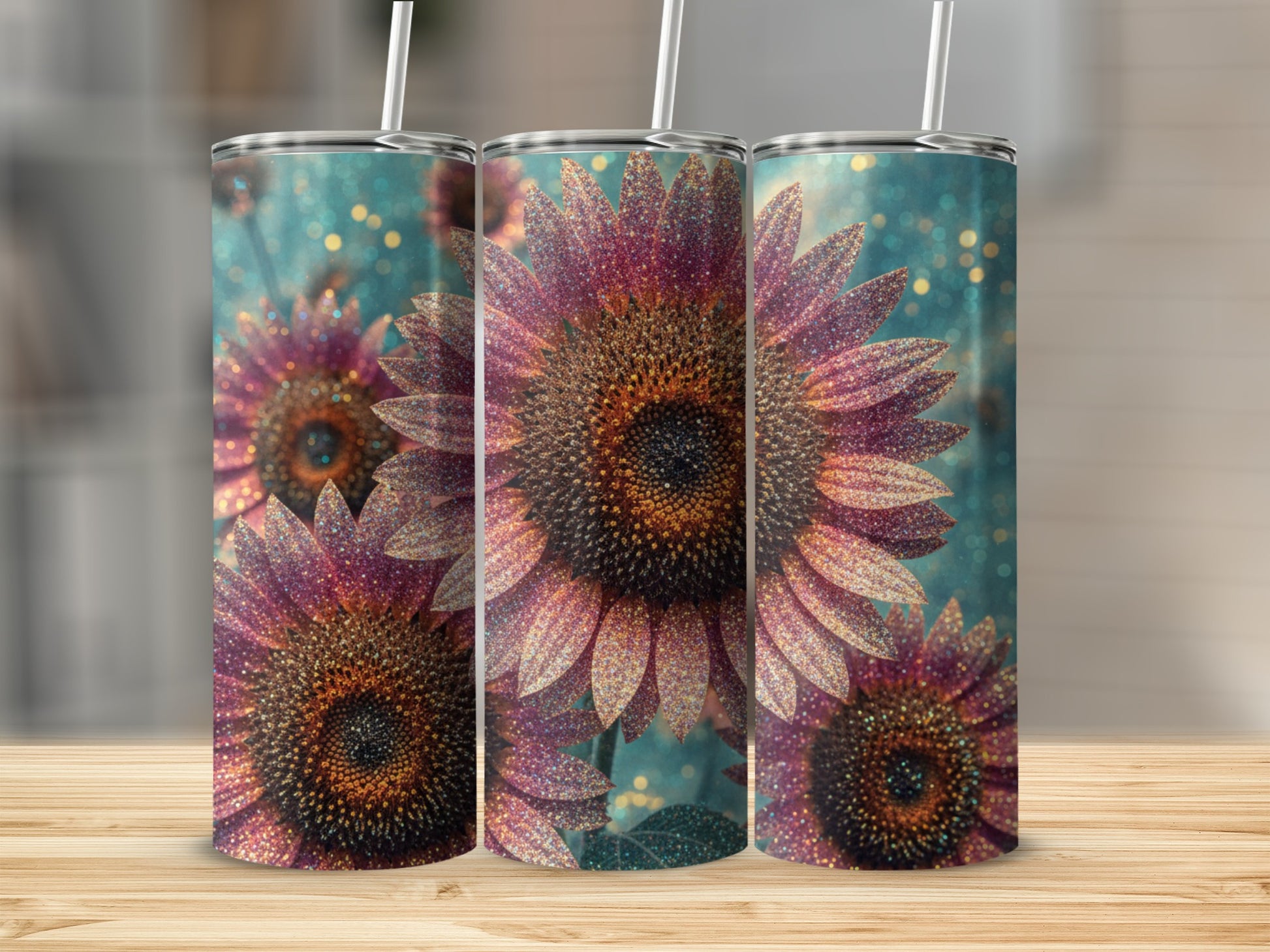 Glittery Sunflower Pattern Insulated Tumbler
