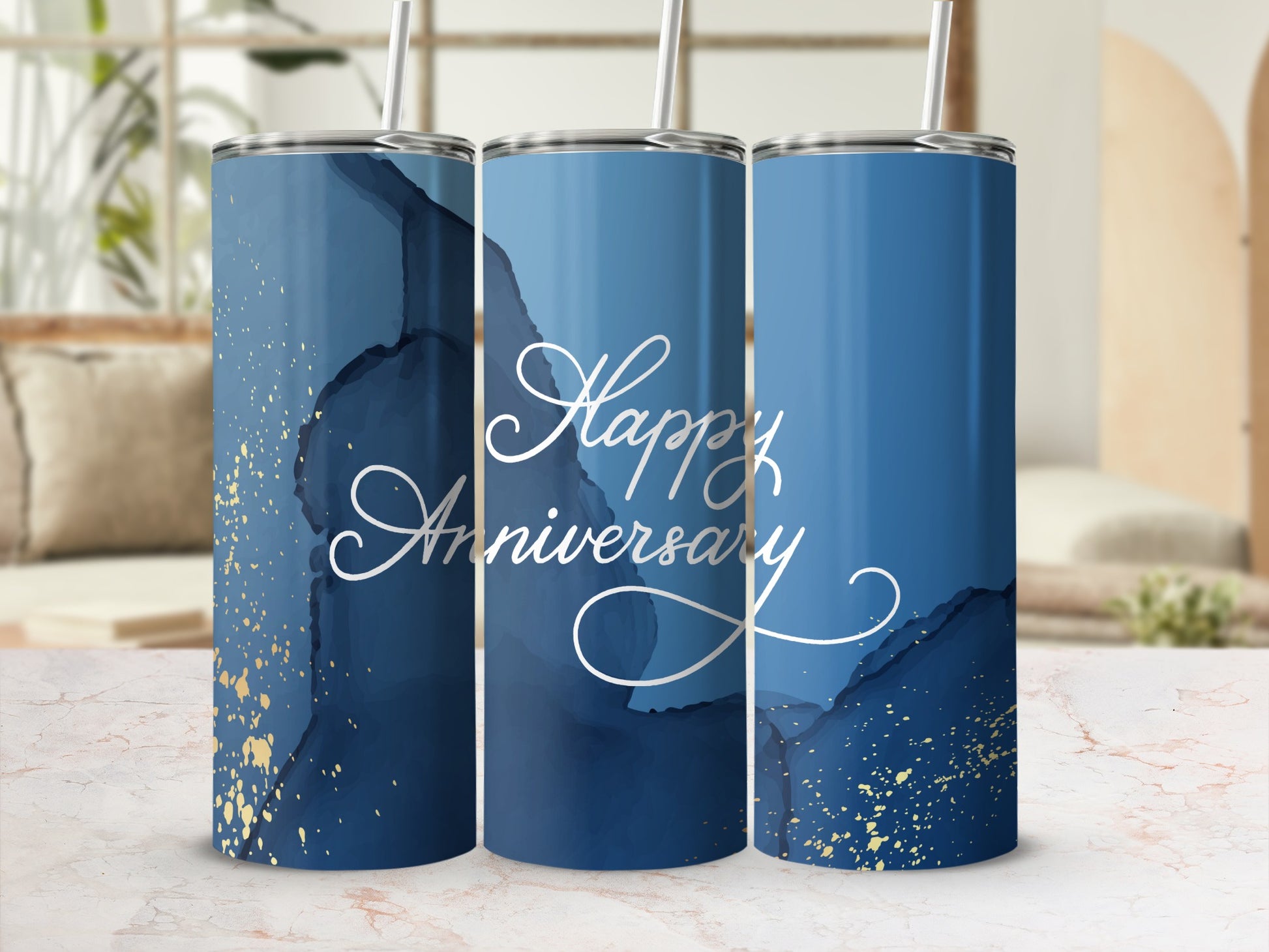 Blue abstract watercolor tumbler with gold flecks and "Happy Anniversary" text.