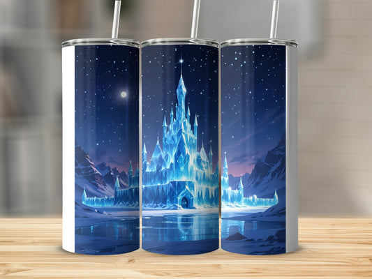 Icy castle with starry night sky, on a white tumbler.