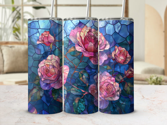 Three tumblers with stained-glass style pink roses and blue background.