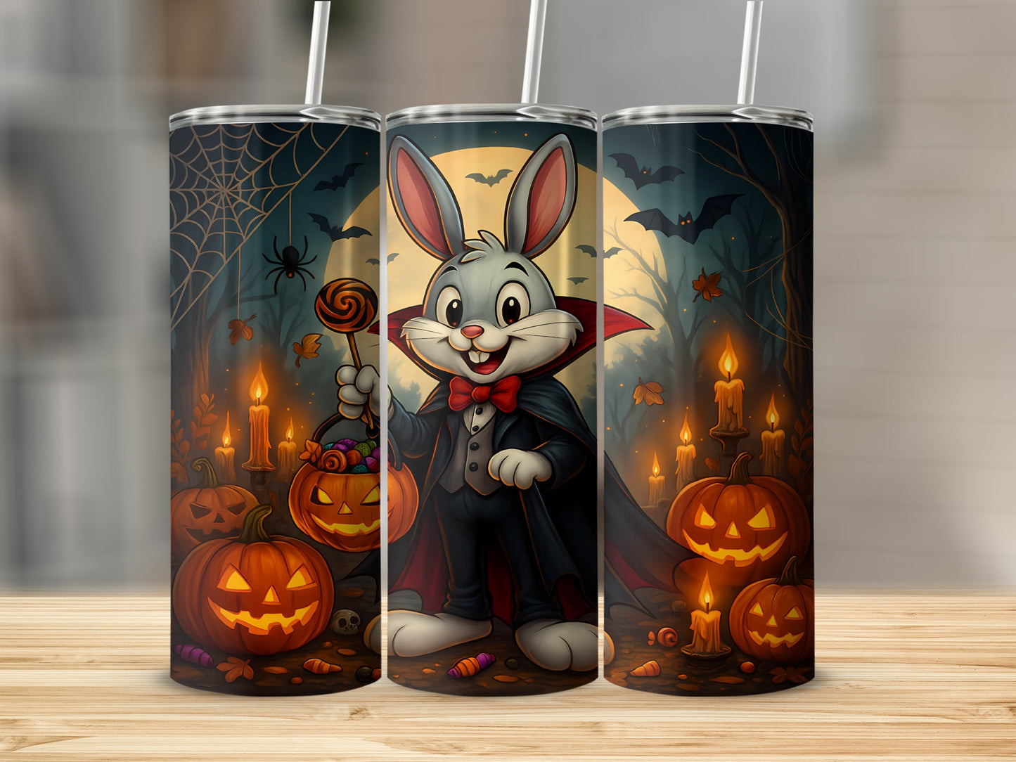 Vampire bunny holding candy bucket with Halloween pumpkins and bats.