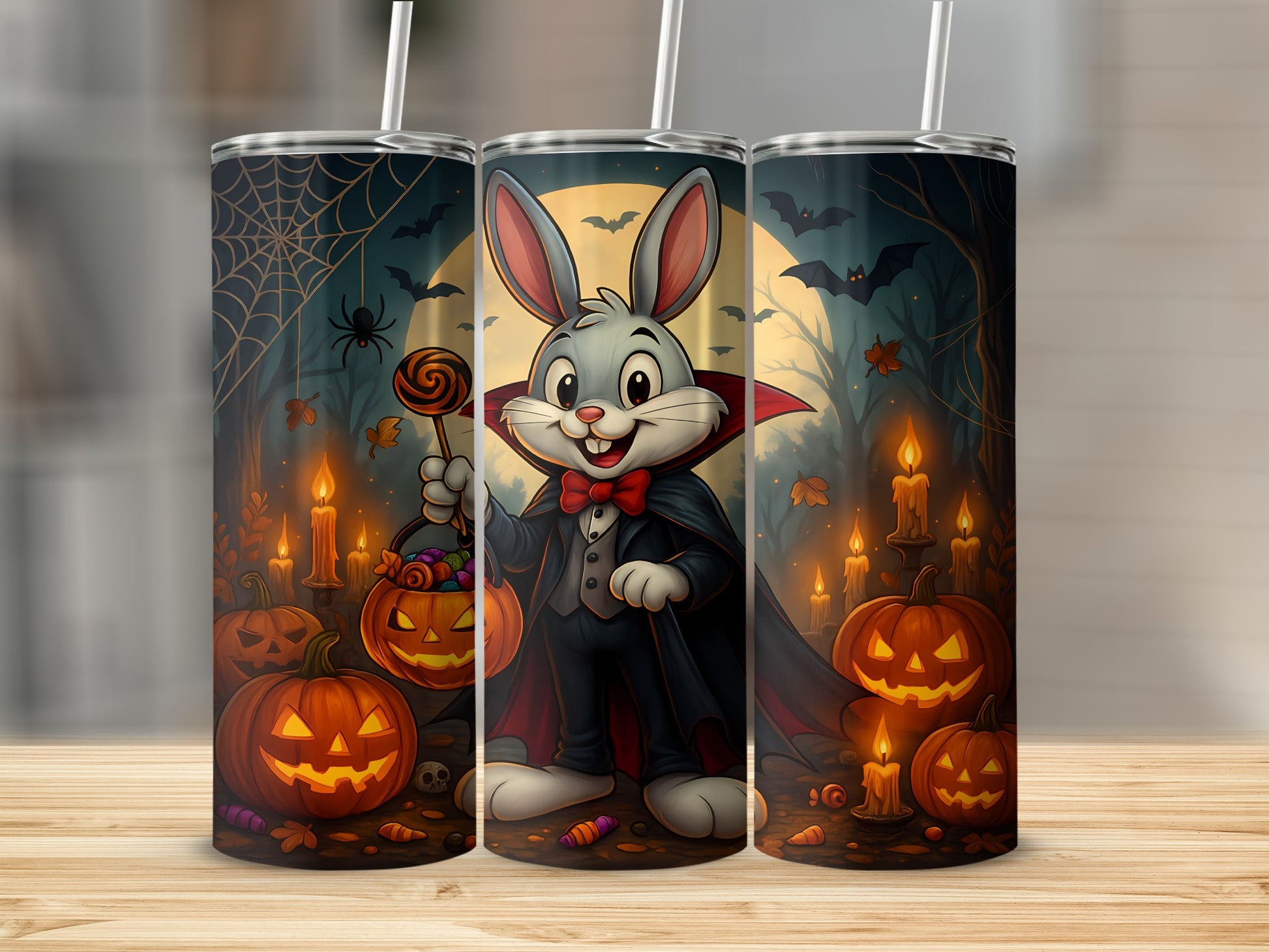 Vampire bunny holding candy bucket with Halloween pumpkins and bats.