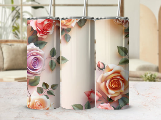 Three tumblers with pink and orange roses and green leaves.