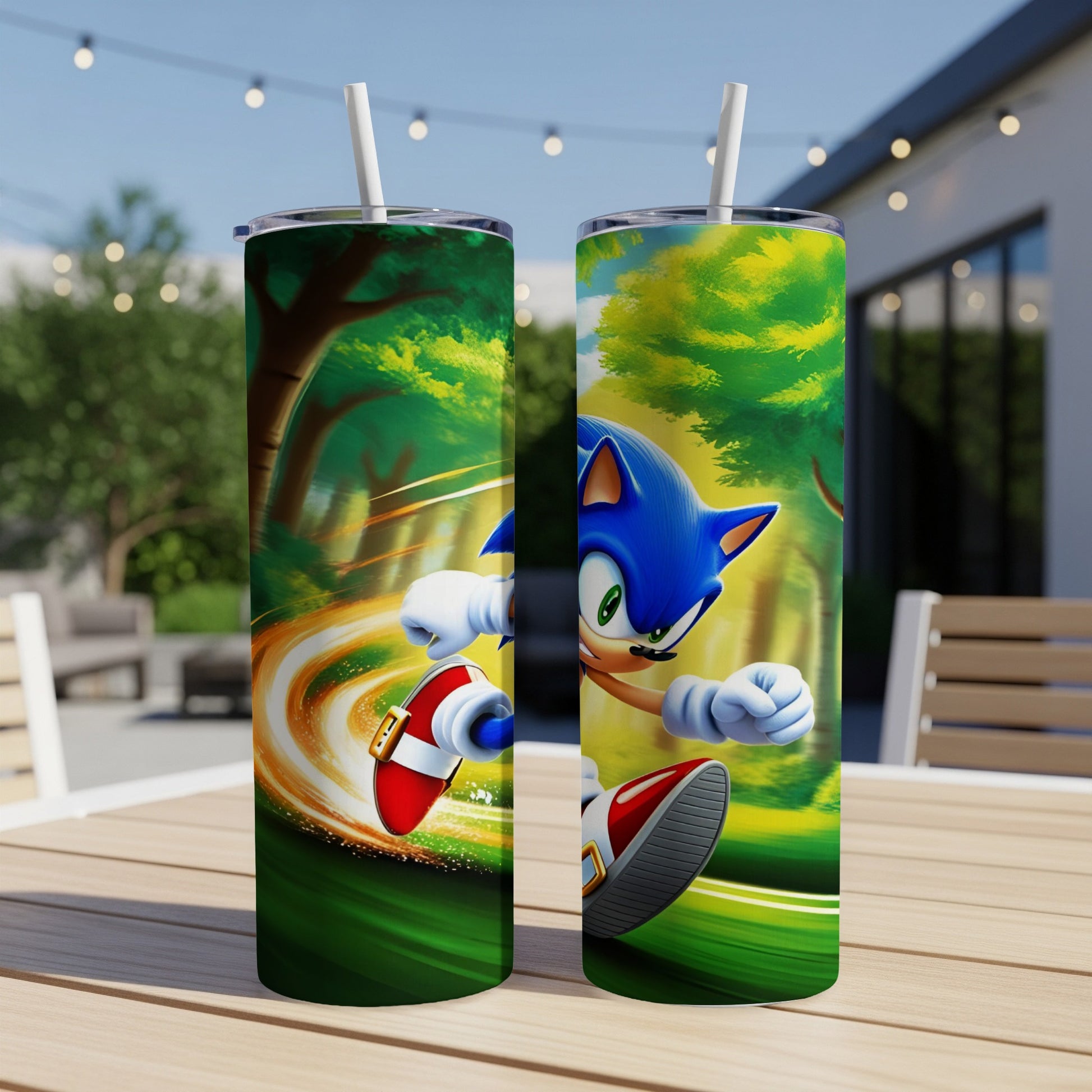 Sonic the Hedgehog running in a forest with a swirling blur effect.