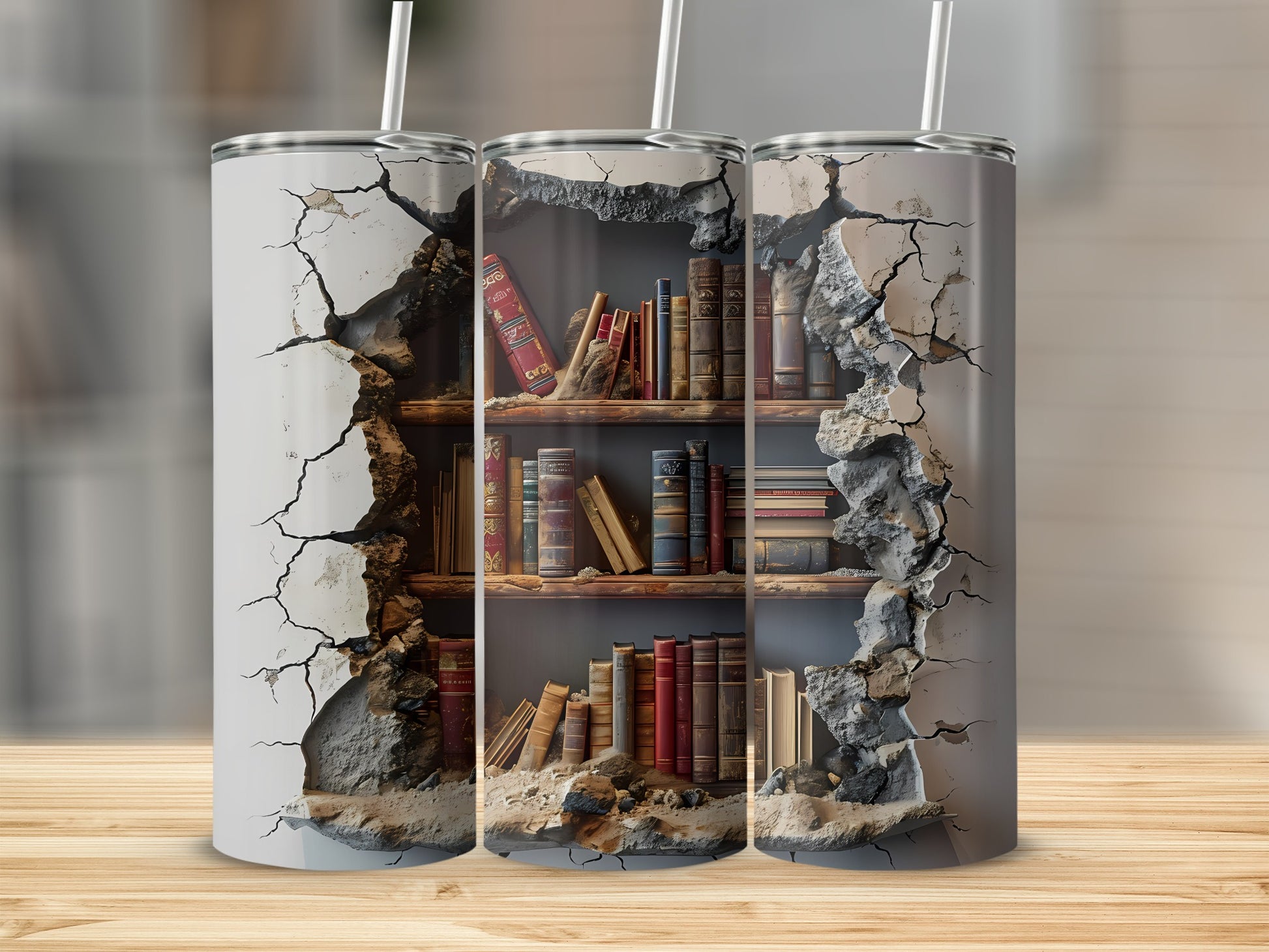 Three tumblers with cracked concrete revealing a bookshelf of old books.