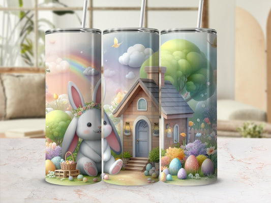 Easter bunny, decorated eggs, and whimsical spring scene on three tumblers.