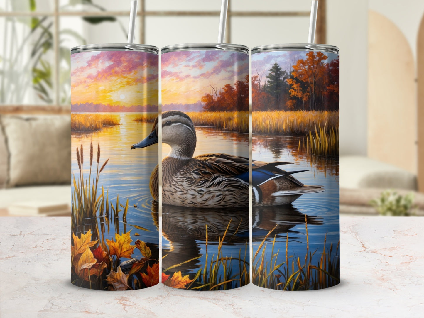 Triptych of a duck in marsh at sunset with autumn leaves.