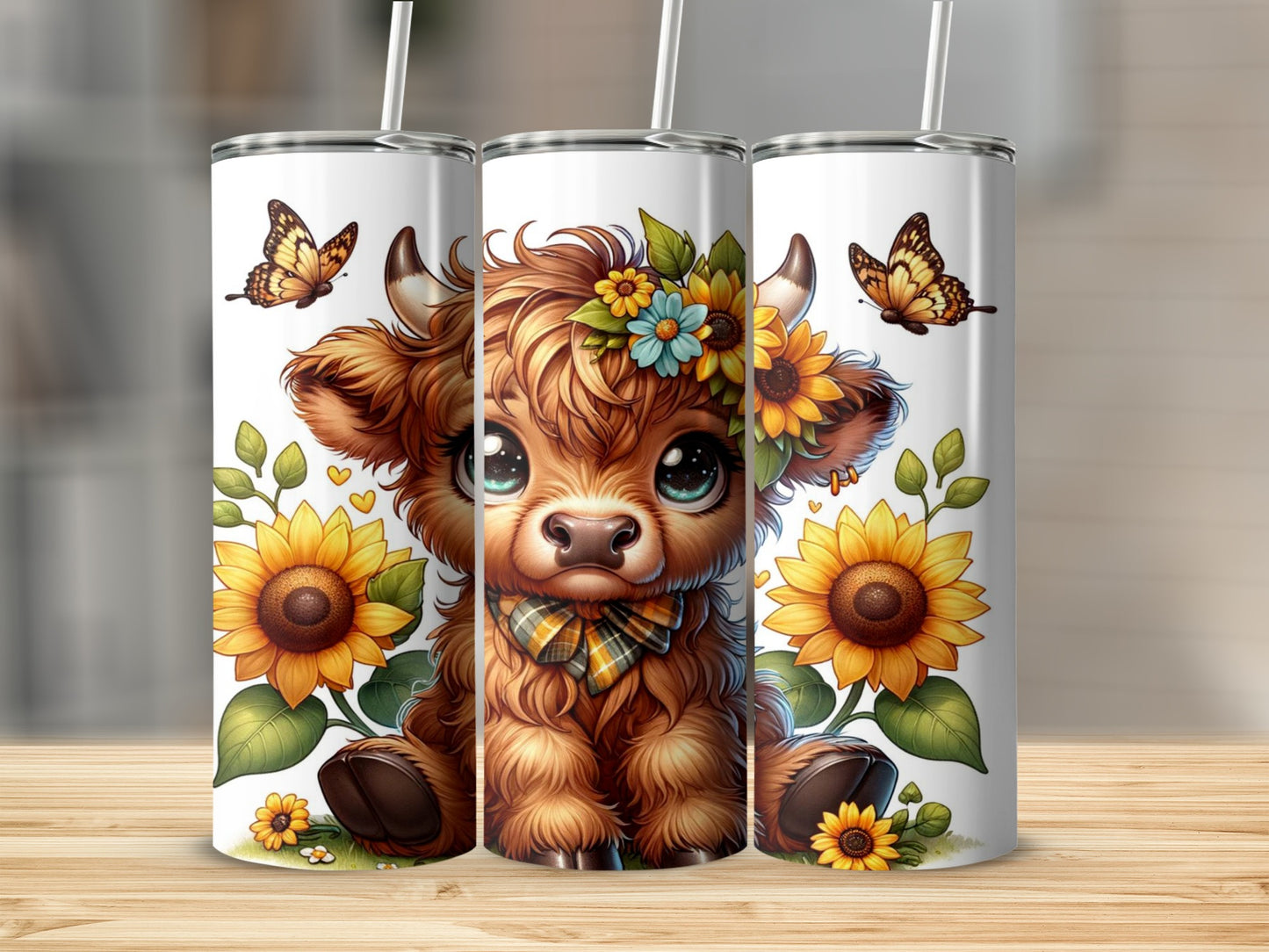 Cute Highland Cow with Sunflowers and Butterflies Tumbler
