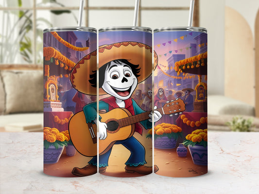 Animated character in a sombrero plays a guitar with marigolds and buildings.