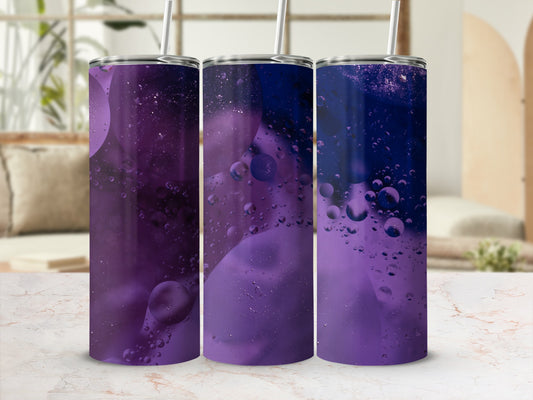Three purple tumblers with oil and water bubble design.