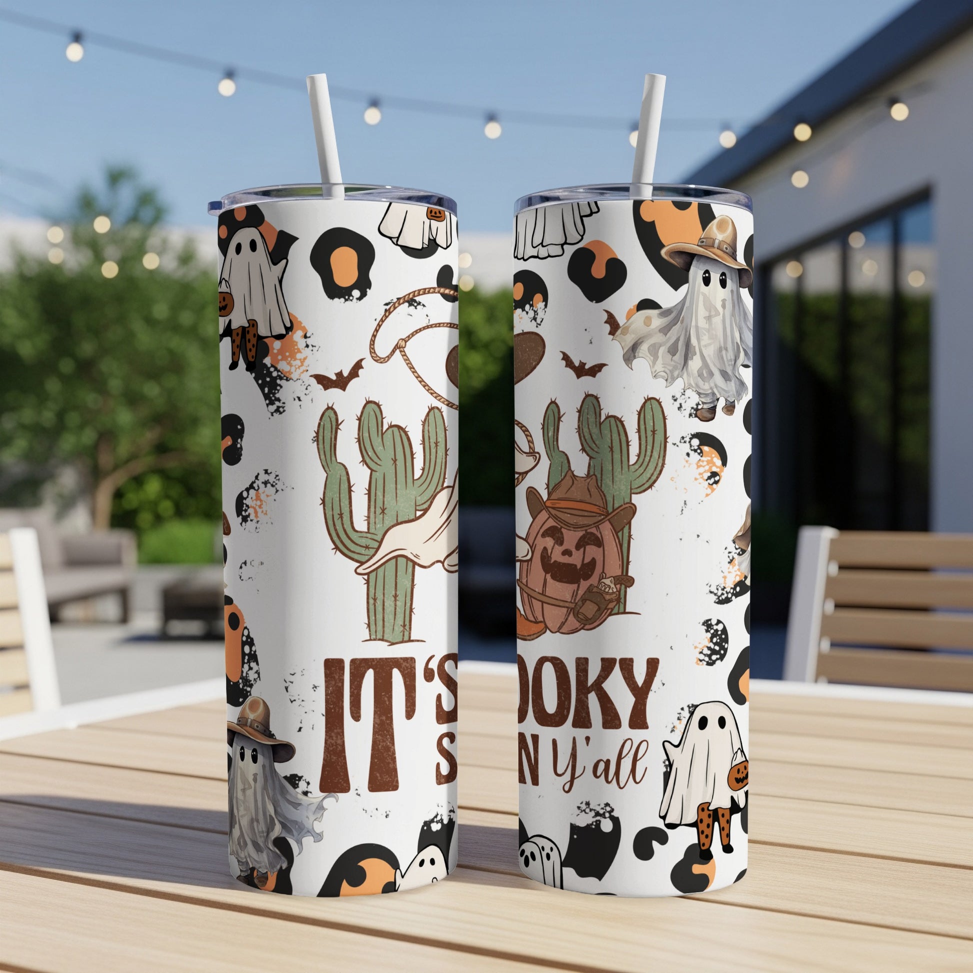 Halloween tumblers with ghosts, pumpkins, cacti, and text "It's Spooky N Y'all".