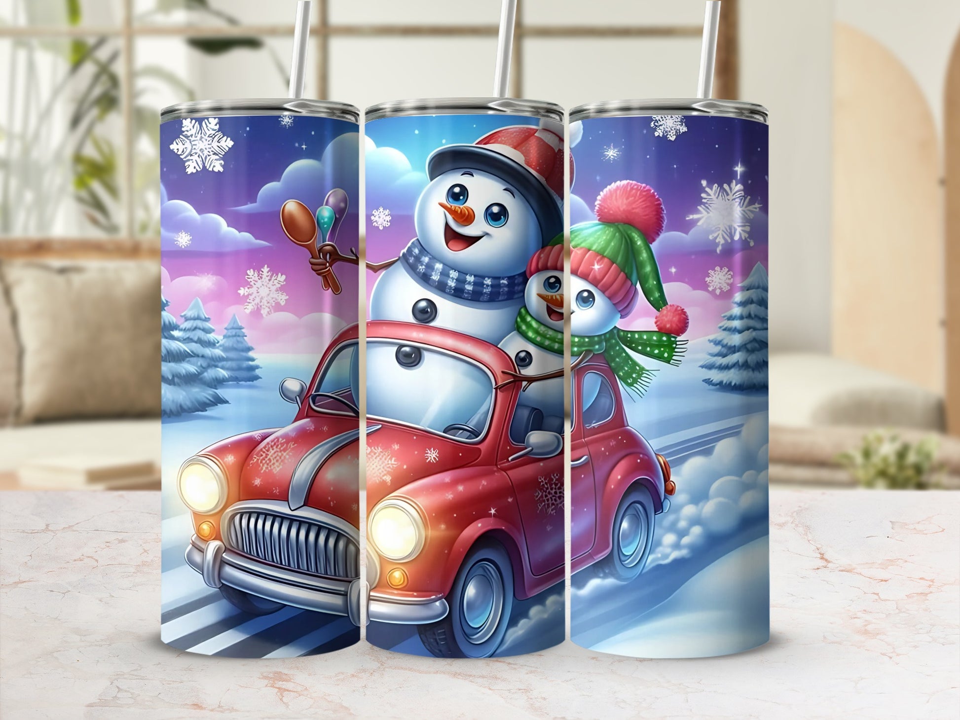 Festive Snowman Driving Red Car Winter Scene Tumbler