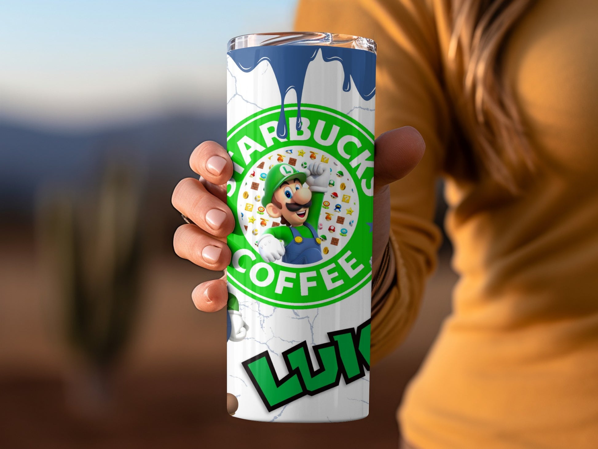 Luigi Coffee Themed Tumbler with Iconic Green Design