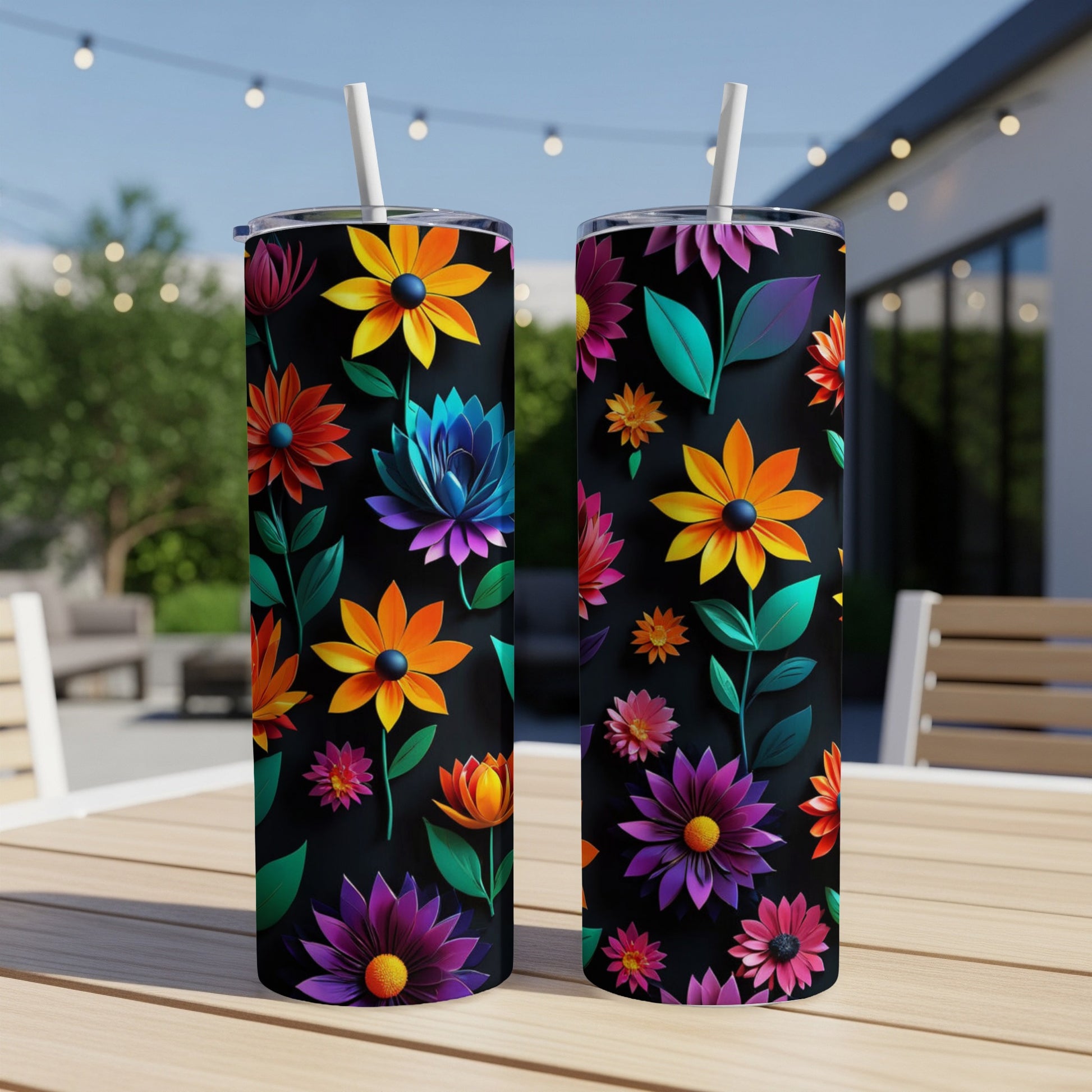 Two black tumblers with colorful floral patterns and straws.