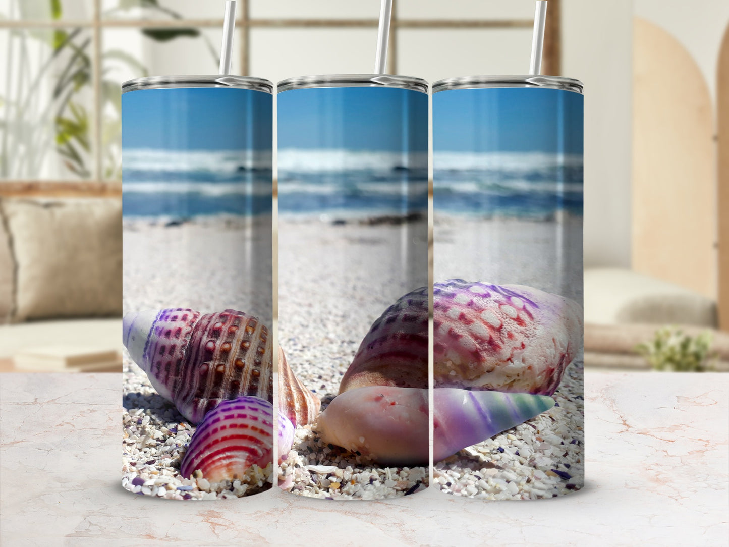 Coastal Beach Scene Tumbler with Seashells